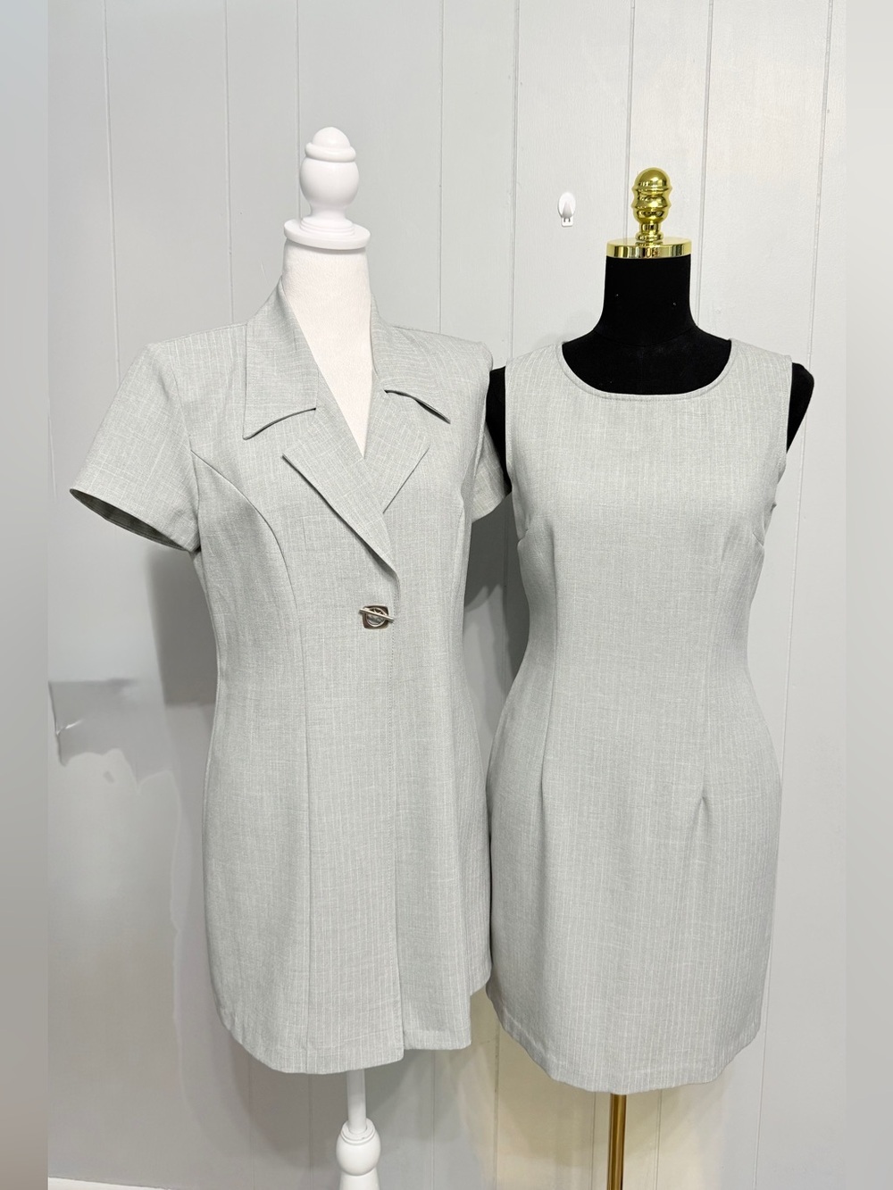 Vintage Classic Light Gray Suit Dress Set Tailored Sheath & Short-Sleeve Blazer